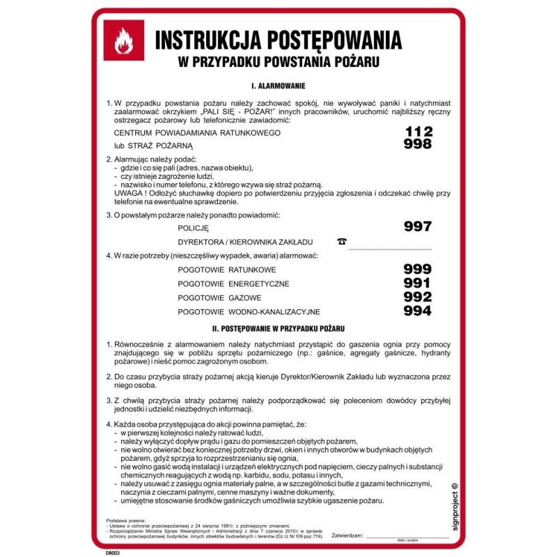 Instrukcja postępowania w przypadku powstania pożaru DB003